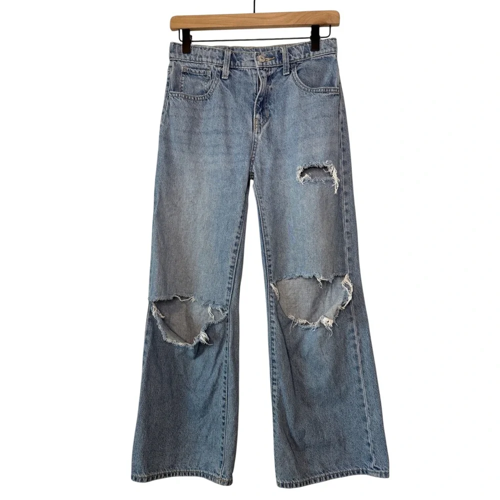 Old Navy Girls High Rise Baggy Wide Leg Denim Jeans Size 14 Blue Distressed